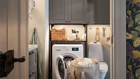 Bathroom laundry space that’s practical and peaceful